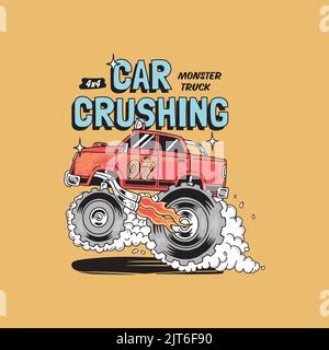 car crushing logo Big Monster Truck, Crush Car, Crushing Truck, School Cut Files, 100 days boy shirt design vector illustration. Wallpaper, flyers Stock Vector