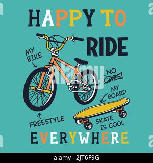 Funny stylish clothes riding bicycle with flower bouquet in front basket. Cute happy young woman on bike. Adorable female bicyclist. Flat cartoon colo Stock Vector