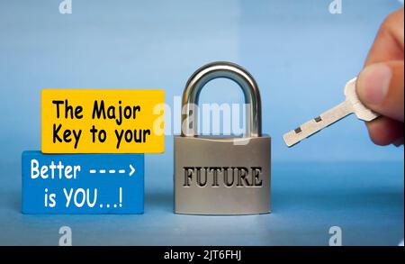 Motivational quote text on wooden blocks - The major key to your better future is you. Motivational concept. Stock Photo