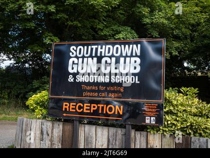 A sign for Southdown Gun Club and Shooting School in Findon, West Sussex, UK. Stock Photo