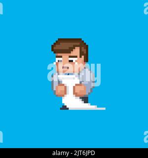 Office worker male character crying looking at the long document - bill or to-do list. 8 bit business pixel art retro cartoon illustration Stock Vector