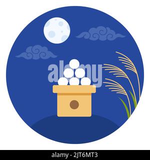 Full moon viewing on Tsukimi, Japanese Mid-Autumn Festival. Night sky with dango (rice cakes) and pampas grass. Flat cartoon vector illustration. Stock Vector