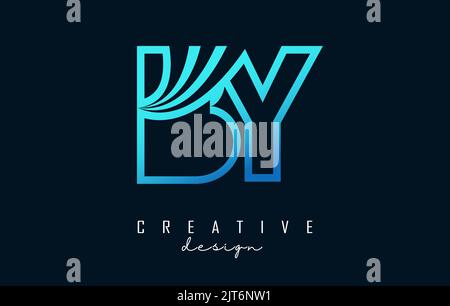 Outline blue letter BY b y logo with leading lines and road concept design. Letters with geometric design. Vector Illustration with letter and creativ Stock Vector