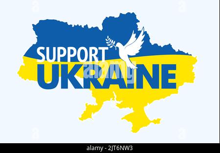 Map and ukrainian national flag with dove of peace and Support Ukraine slogan. Banner calling to stop the war of russia against Ukraine. International Stock Vector