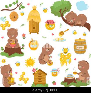 Bear and honey. Cartoon bees bears, cute forest animal flying bee and honeycomb. Sweet healthy food in jar, wild nowaday vector comic characters Stock Vector