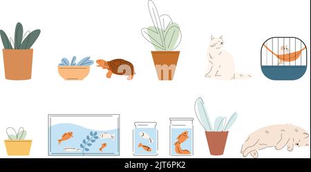 Animals and plants in pots. Home cozy elements, cats, fish in aquarium and hamster in cage. Cute kitten sleep, house garden vector icons Stock Vector
