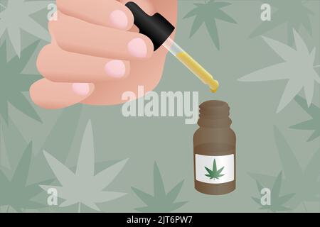 Illustration of a hand holding a dropper with CBD oil. Stock Vector