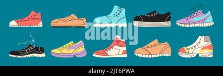 Different sneakers and gumshoes doodle icons. Shoes hand drawn style elements. Flat various trendy sports boots. Decent fashion girl vector collection Stock Vector