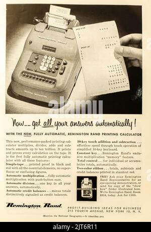 Remington Rand printing calculator advertisement placed inside NatGeo magazine, 1954 Stock Photo