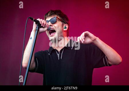 Grian Chatten performs with his band Dontaines D.C. during the Leeds Festival 2022 at Bramham Park in Leeds. Picture date: Sunday August 28, 2022. Stock Photo