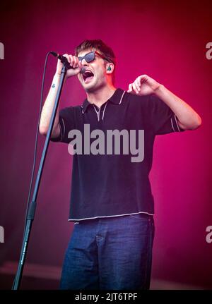 Grian Chatten performs with his band Dontaines D.C. during the Leeds Festival 2022 at Bramham Park in Leeds. Picture date: Sunday August 28, 2022. Stock Photo