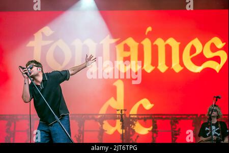 Grian Chatten performs with his band Dontaines D.C. during the Leeds Festival 2022 at Bramham Park in Leeds. Picture date: Sunday August 28, 2022. Stock Photo