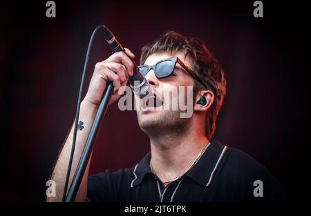 Grian Chatten performs with his band Dontaines D.C. during the Leeds Festival 2022 at Bramham Park in Leeds. Picture date: Sunday August 28, 2022. Stock Photo