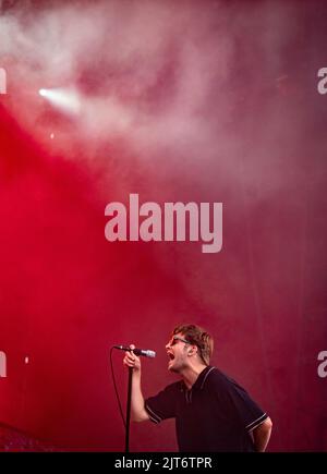 Grian Chatten performs with his band Dontaines D.C. during the Leeds Festival 2022 at Bramham Park in Leeds. Picture date: Sunday August 28, 2022. Stock Photo