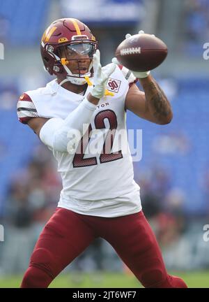 BALTIMORE, MD - AUGUST 27: Washington Commanders safety Bobby McCain (20)  prior to the NFL preseason football game between the Washington Commanders  and Baltimore Ravens on August 27, 2022 at M&T Bank