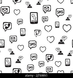 Smart phone, hearts, love SMS and communications seamless pattern. Hand drawn interaction icons randomly placed on white background. Wrapping or web r Stock Vector