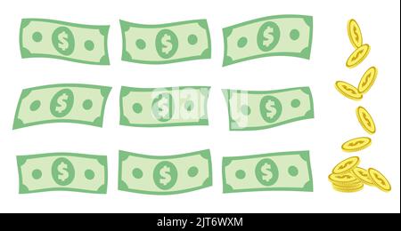 Set of falling US dollar bank notes and golden coins isolated on white. Stylized curved flying currency bills. Vector eps8 illustration. Stock Vector