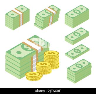 Set of dollar banknotes bundles and stacks of gold coins. Stylized money icons isolated on white. Piles of cash. Flat isometric vector eps10 illustrat Stock Vector