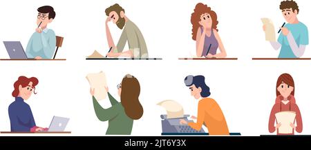 People writers. Creative copywriters typing articles and books computing bloggers freelancers exact vector cartoon characters writers Stock Vector