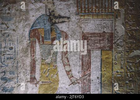 Ancient Egyptian Drawings inside the Pharaoh Tombs in the Valley of the Kings in Luxor, Egypt Stock Photo