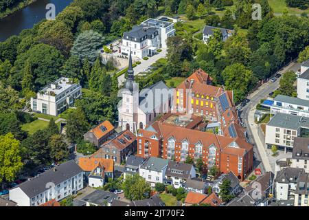 Aerial view, catholic parish church St. Peter, St. Josefshaus retirement home, Villa Scheidt at the Leinpfad at the Ruhr, Kettwig, Essen, Ruhr area, N Stock Photo