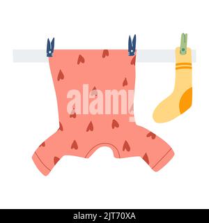 Wet clothes hanging and drying on drying rack in cartoon flat style. Vector Illustration of colorful T shirt and socks with clothespins on a rope. Stock Vector