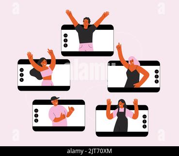 Friends online video call. Teens greets on digital meeting, happy young vector characters on web windows communication. Modern chat or live stream Stock Vector