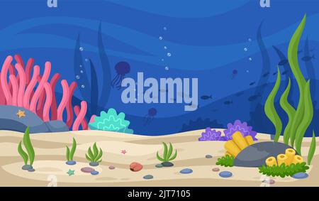 Sea location. Cartoon underwater background with fish silhouettes, colorful seaweeds sand and stones. Game bright water vector background Stock Vector