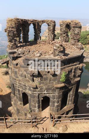 An aerial view of the Ruined Fortress of Raigad Fort, Raigad, Maharashtra, India Stock Photo