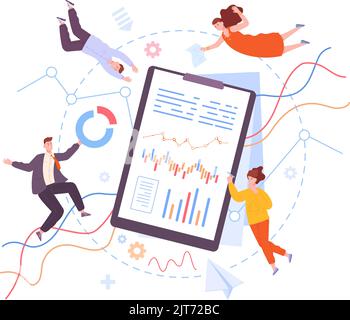 Flying analysts. Data analysis report, management team research and analyse information business operation, financial plan audit statistic marketing control, vector illustration of analysis management Stock Vector