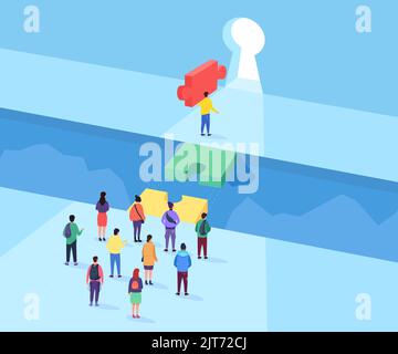 Ownership business bridge. Competition leadership concept, gap puzzle team bridging, financing advantage equality leading businessman support, finance vector illustration of businessman leadership Stock Vector