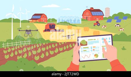 Smart farming management. Digital control agriculture and weather monitoring from internet tablet computer, drone iot technology farming equipments, garish vector illustration of agriculture farming Stock Vector