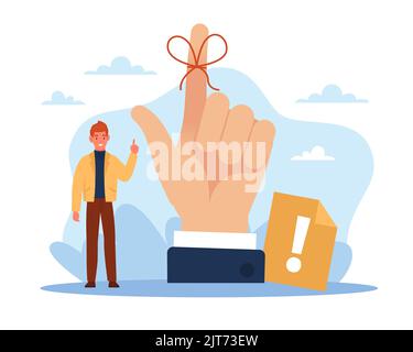 Reminder, symbolic memory, sclerosis man, forgetfulness. Huge hand with red knotted string on finger. Memorization method. Dont forget important task Stock Vector