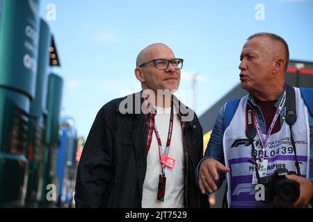 Stavelot Malmedy Spa, Belgium. 27th Jan, 2022. Jacques Villeneuve former driver at Sauber BMW, Williams and BAR, former IndyCar driver and winner of the Indy 500 1995, world champion 1997 with Williams Renault, now F1 TV commentator during the Belgian GP, 25-28 August 2022 at Spa-Francorchamps track, Formula 1 World championship 2022. Credit: Independent Photo Agency/Alamy Live News Stock Photo