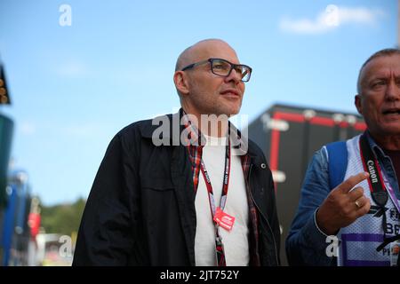 Stavelot Malmedy Spa, Belgium. 27th Jan, 2022. Jacques Villeneuve former driver at Sauber BMW, Williams and BAR, former IndyCar driver and winner of the Indy 500 1995, world champion 1997 with Williams Renault, now F1 TV commentator during the Belgian GP, 25-28 August 2022 at Spa-Francorchamps track, Formula 1 World championship 2022. Credit: Independent Photo Agency/Alamy Live News Stock Photo