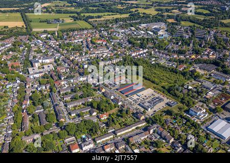 Aerial view, local view, industrial area Ewaldstraße and Maxi garages with solar roof, Former Ewald colliery shaft 3, Resse, Gelsenkirchen, Ruhr area, Stock Photo