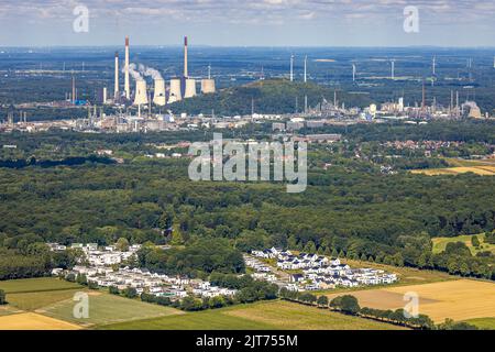 Aerial view, new housing estate Westerholt, Am Buerschen Waldbogen, in the background power plant Scholven, Resse, Gelsenkirchen, Ruhr area, North Rhi Stock Photo
