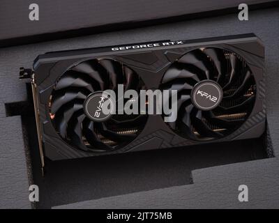 Tambov, Russian Federation - August 20, 2022 KFA2 Nvidia Geforce RTX 3070 GPU inside its own box Stock Photo