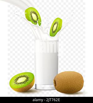 Kiwi fruit slices falling in a glass of milk or yogurt. Fruit milkshake advertising banner, yogurt jet, white drink in glass cup, Realistic 3d vector Stock Vector