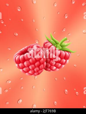 Ripe raspberries. Background of fresh raspberries and drops of water. Seamless pattern for your design. Realistic 3d vector illustration. Close-up. Pa Stock Vector
