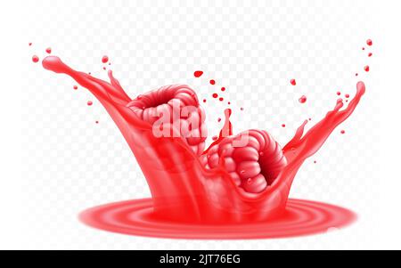 Red fresh raspberries in a splash of juice or yogurt. Fresh berry falls into the juice. 3d realistic vector illustration, isolated on white background Stock Vector
