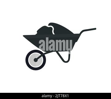 Wheelbarrow with soil and shovel logo design. Garden wheelbarrow full of weeds and branches. vector design and illustration. Stock Vector