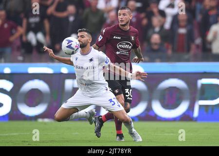 Salerno, Italy. 28th Aug, 2022. Pasquale Mazzocchi of US Salernitana and Mehdi Leris of UC Sampdoria compete for the ball during the Serie A match between US Salernitana 1919 and Sampdoria at Stadio Arechi, Salerno, Italy on 28 August 2022. Credit: Giuseppe Maffia/Alamy Live News Stock Photo