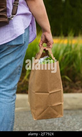 Carrying a healthy bag. Cropped image of a woman holding paper shopping bag full of fresh vegetables. Grocery bag with Fresh and healthy groceries in Stock Photo