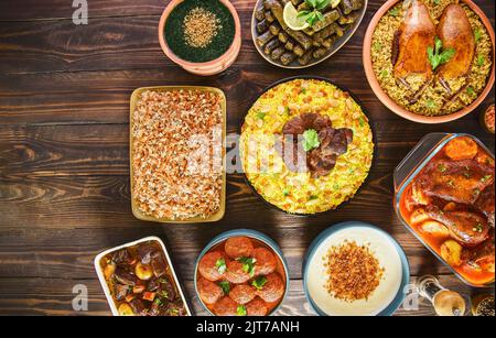 Arabic Cuisine: Middle Eastern traditional lunch. It's also Ramadan 'Iftar'. The meal eaten by Muslims after sunset during Ramadan. Stock Photo