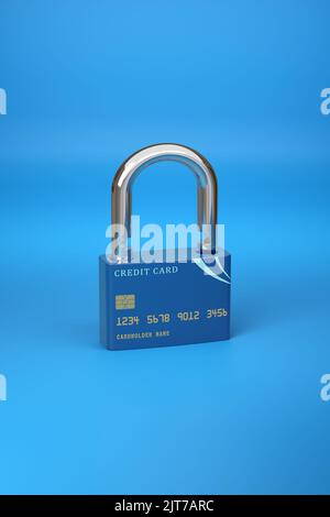 Credit card in the shape of an open padlock. Security concept isolated on blue background. 3d illustration. Stock Photo