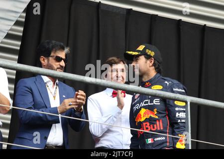 Spa, Belgium. 28th Aug, 2022. SPA-FRANCORCHAMPS, Belgium. , . PODIUM, Mohammed Ben SULYAEM, FIA President, Elio Di Rupo, Prime Minister of the Walloon Region, the runner up in the race #11. Sergio PEREZ Mendoza, MEX, Oracle Red Bull Racing RB18 Honda Credit: SPP Sport Press Photo. /Alamy Live News Credit: SPP Sport Press Photo. /Alamy Live News Stock Photo