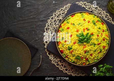 Arabic cuisine; Traditional Arabic Basmati rice with vegetables. Close up with copy space. Stock Photo