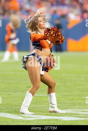 Denver, Colorado, USA. 27th Aug, 2022. A Denver Broncos Cheerleader entertains the crowd during the 1st. Half at Empower Field at Mile High Saturday night. The Broncos beat the Vikings 23-13 (Credit Image: © Hector Acevedo/ZUMA Press Wire) Stock Photo