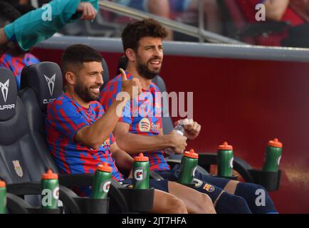 Barcelona,Spain.28 August,2022. FC Barcelona v Real Valladolid    Jordi Alba (18) of FC Barcelona and Gerard Pique (3) of FC Barcelona before the match between RCD Espanyol and Real Madrid corresponding to the second day of La Liga Santander at RCDE Stadium in Barcelona, Spain. Credit: rosdemora/Alamy Live News Stock Photo